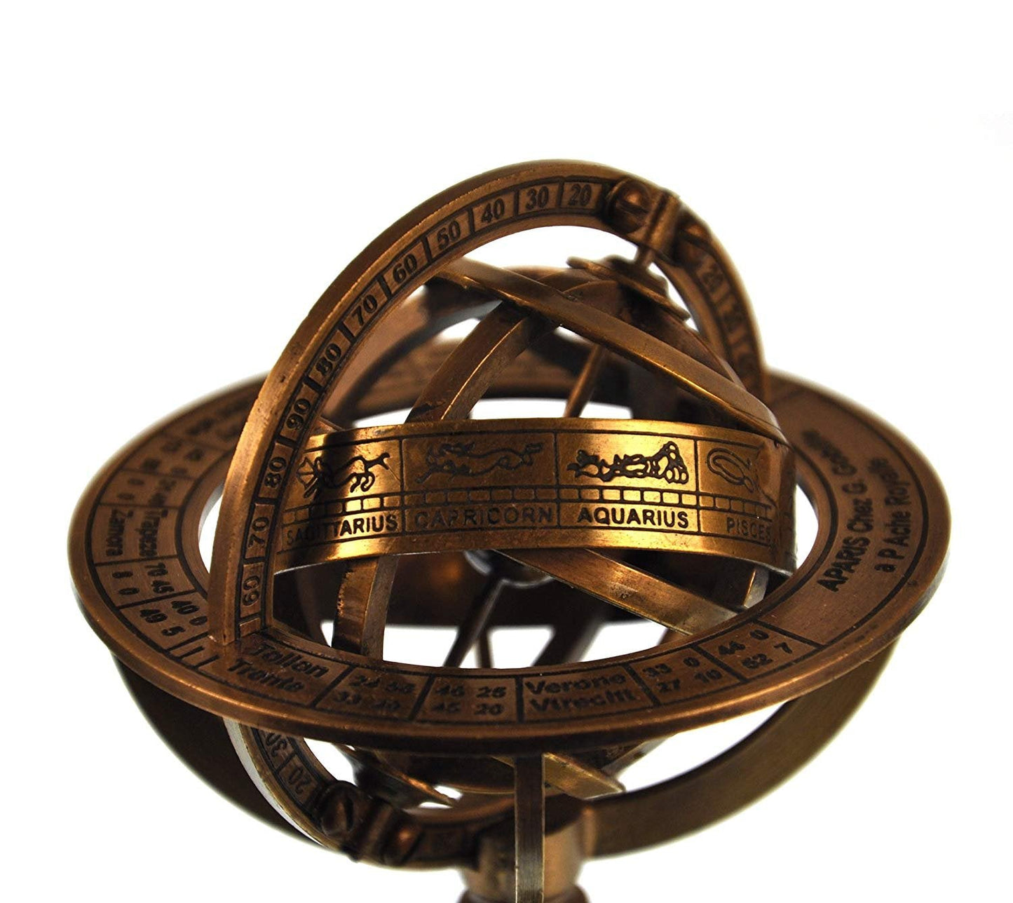 Side profile of nautical armillary sphere with rosewood base