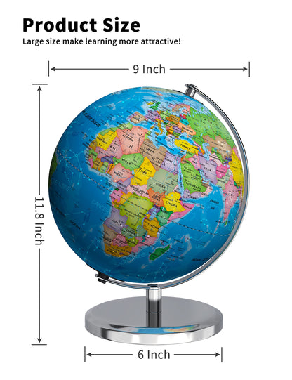 Waldauge globe with LED constellation light feature activated in dark room
