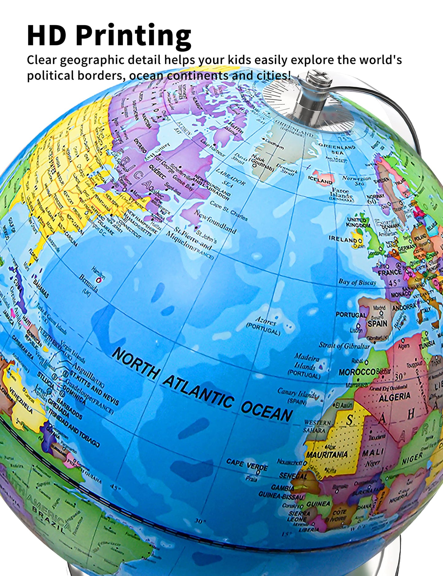 Close up view of Waldauge globe stable metal base and rotating axis