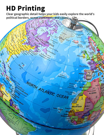 Close up view of Waldauge globe stable metal base and rotating axis