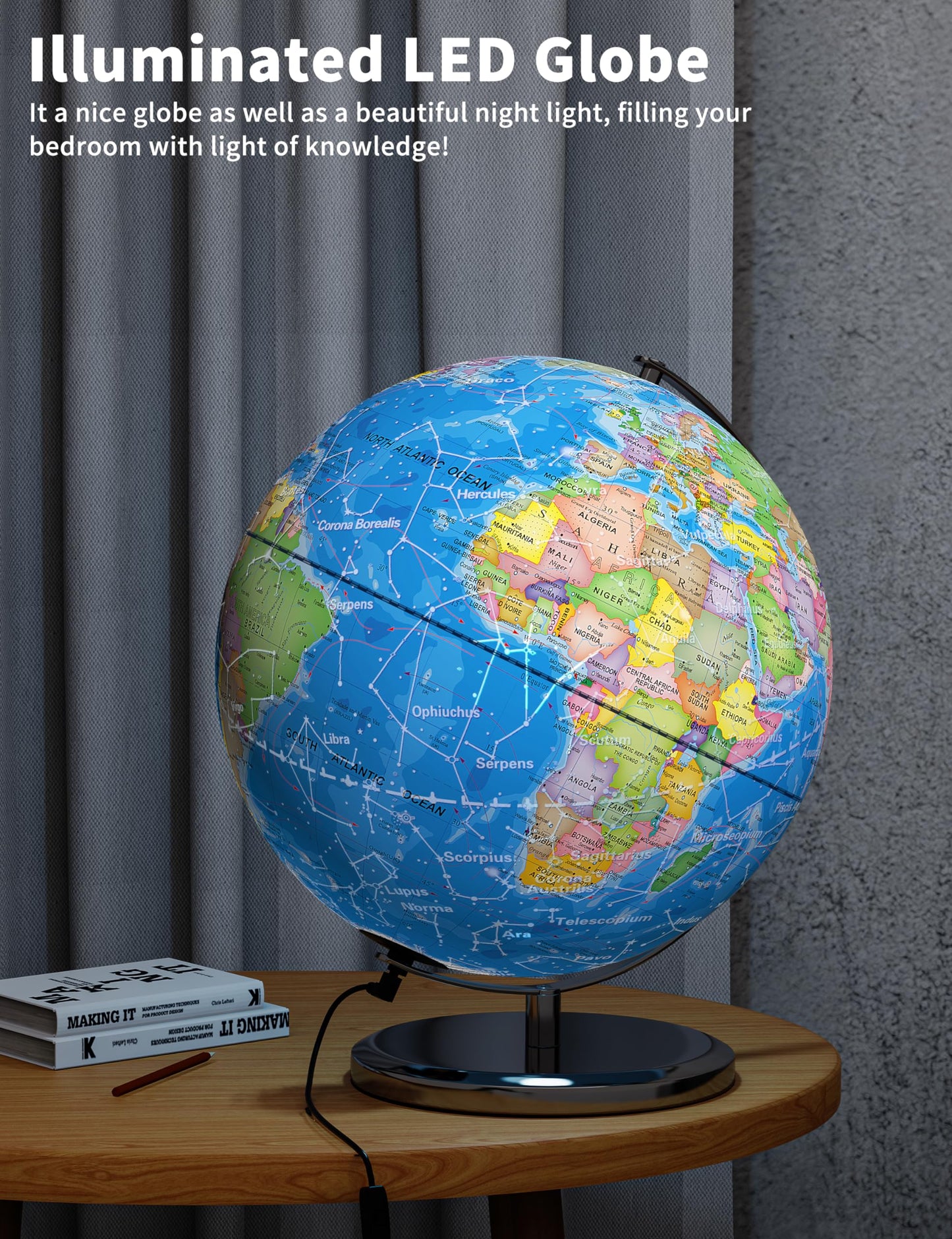 Orionstar globe illuminated in a dark room showing star constellations
