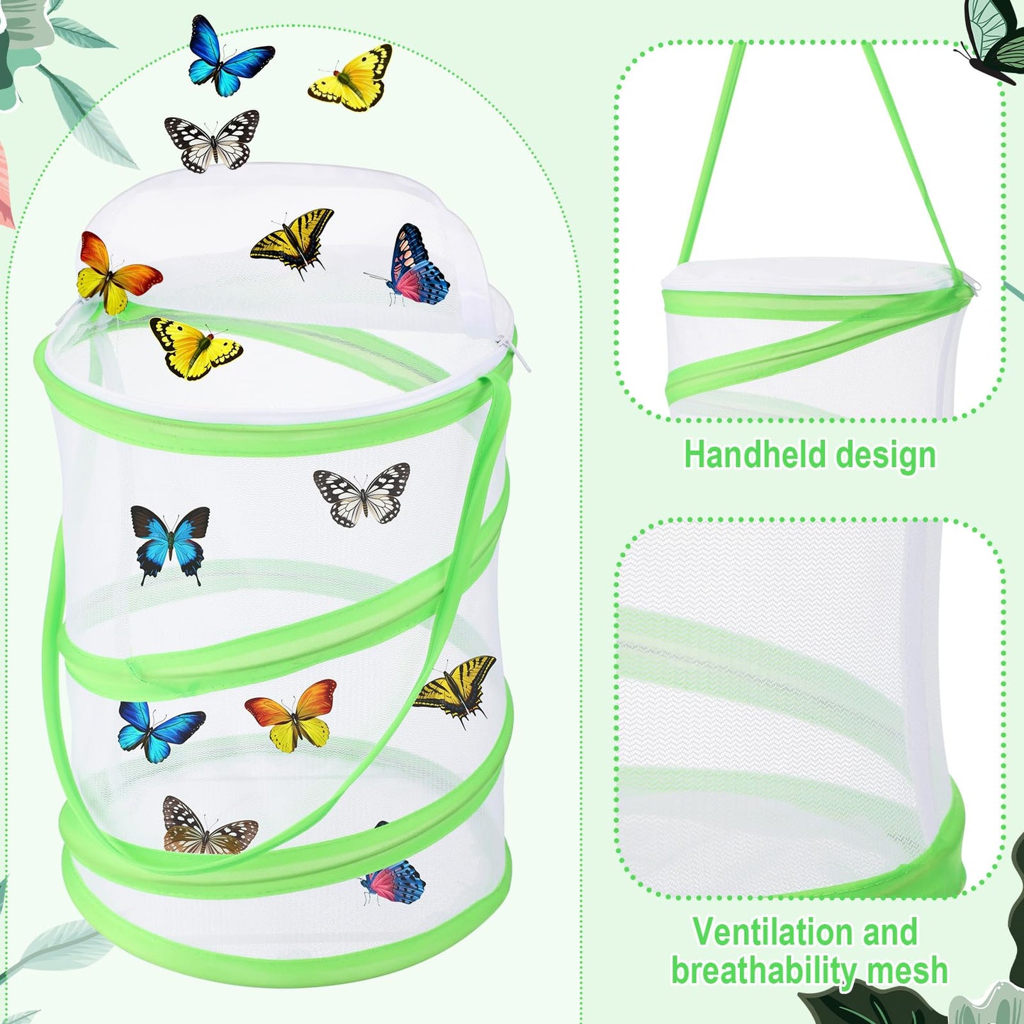 Caterpillars and green leaves inside the breathable Sherr butterfly container for metamorphosis observation