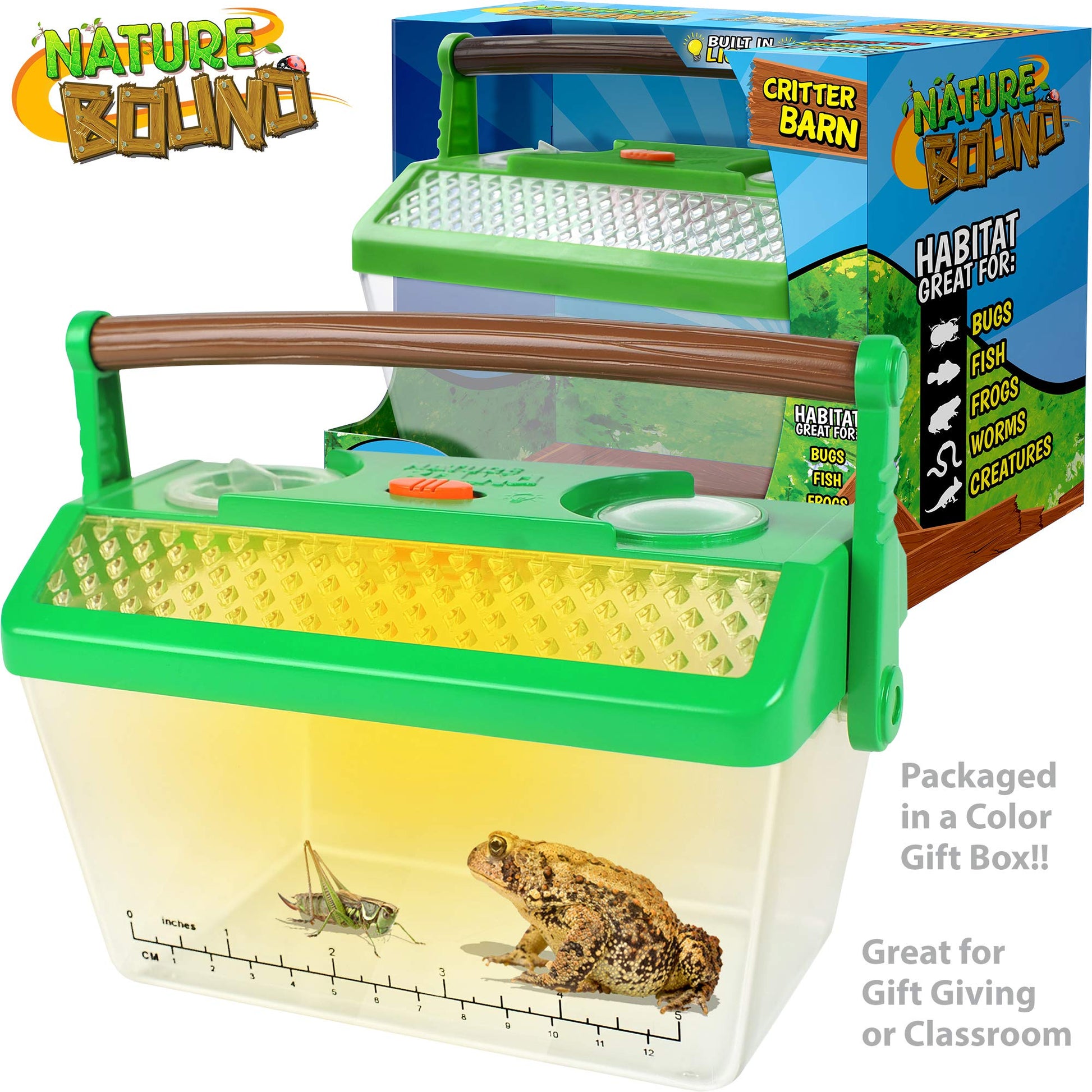 Nature Bound Bug Catcher kit showing the built-in LED night light illuminating the interior for evening exploration.