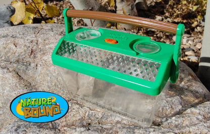 Side profile of the waterproof insect habitat filled with a small amount of water for aquatic critter study.