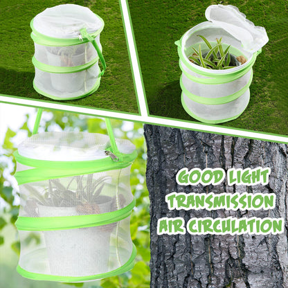 Sherr collapsible insect container displaying the large zippered top door opened for caterpillar feeding.