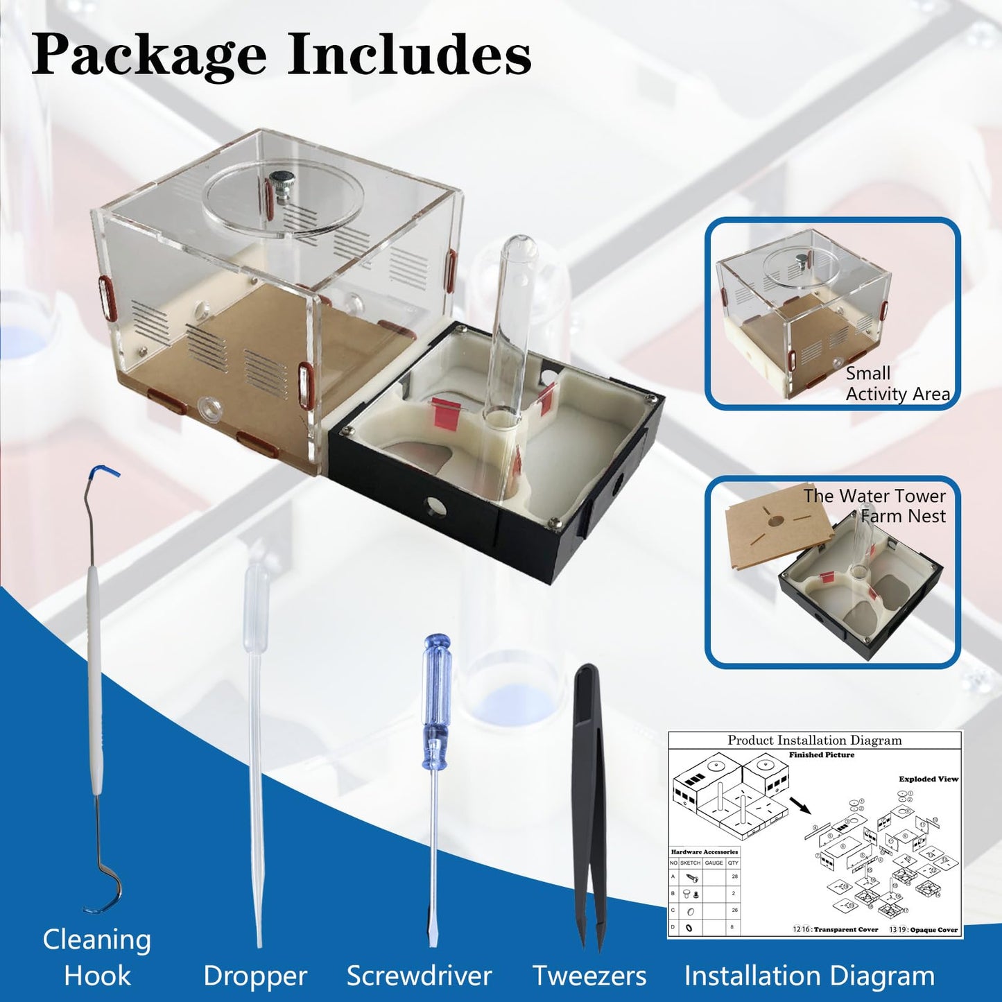 Complete packaging contents of the science learning kit for live ant observation