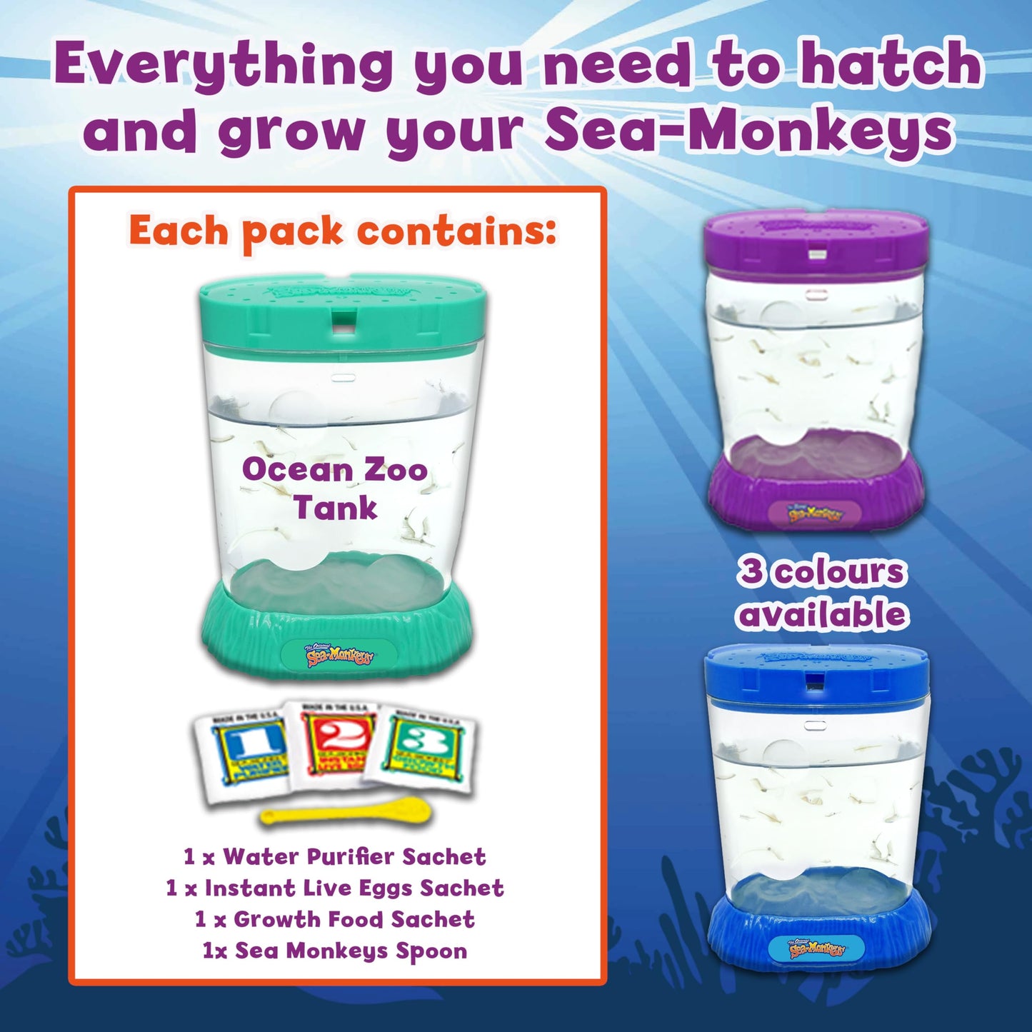 The Original Sea Monkeys aquarium kit with three numbered pouches and feeding spoon.