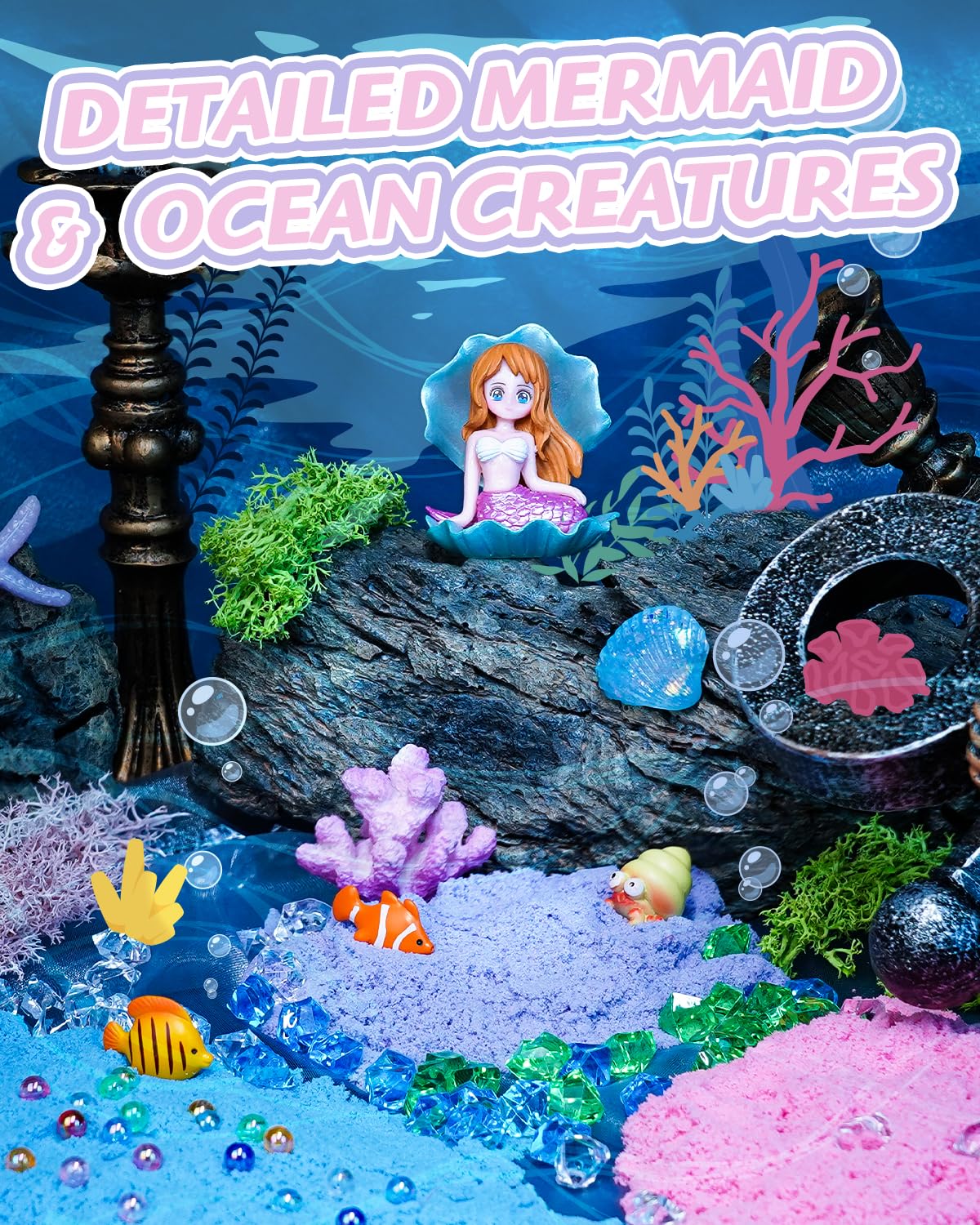 Winnrok mermaid DIY toy kit contents showing magic sand crystals and marine figurines unboxed