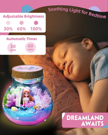 Child carefully placing the mermaid figure inside the clear craft jar during assembly