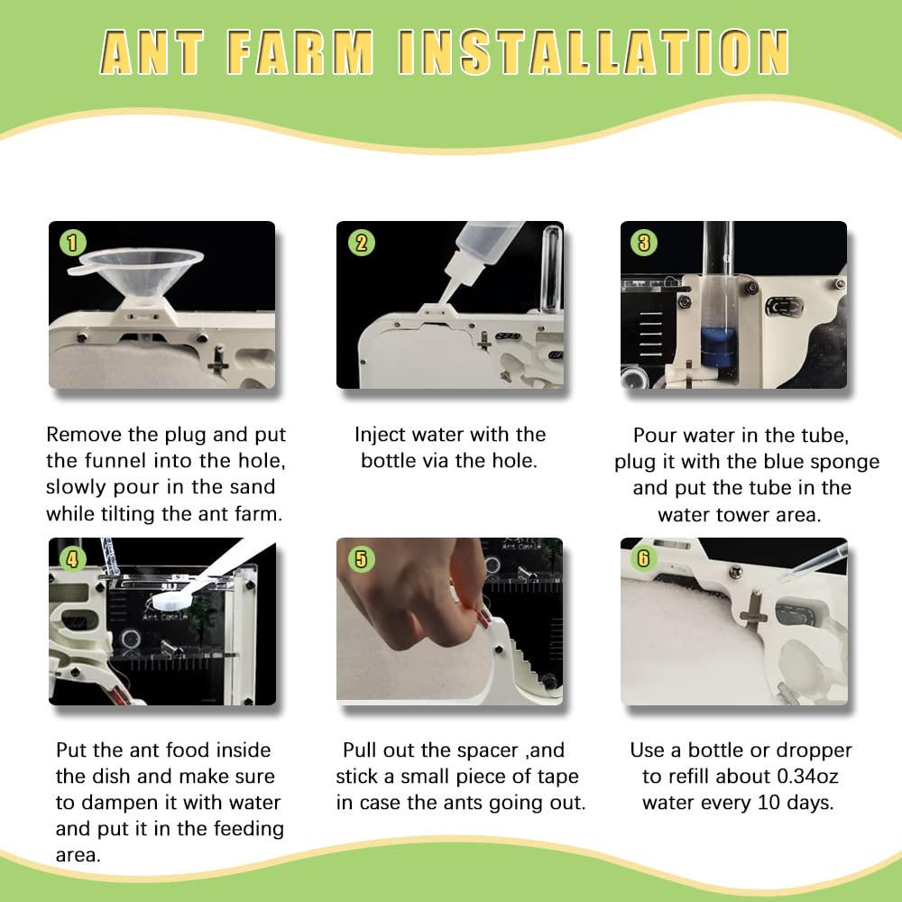 Complete package contents including magnifying glass tweezers dropper and sand for the ant observation kit