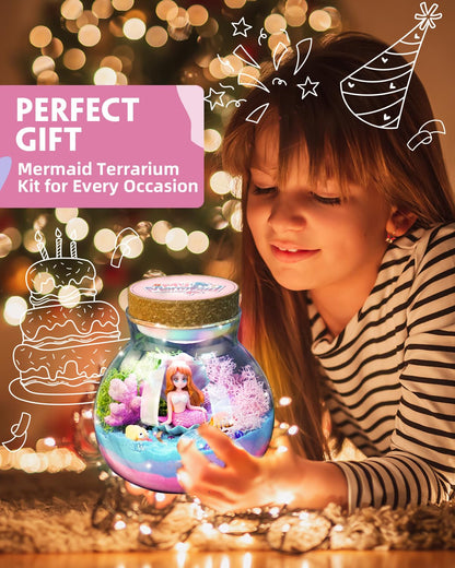 Detailed shot of the custom sea shells and sparkling crystals inside the Winnrok terrarium