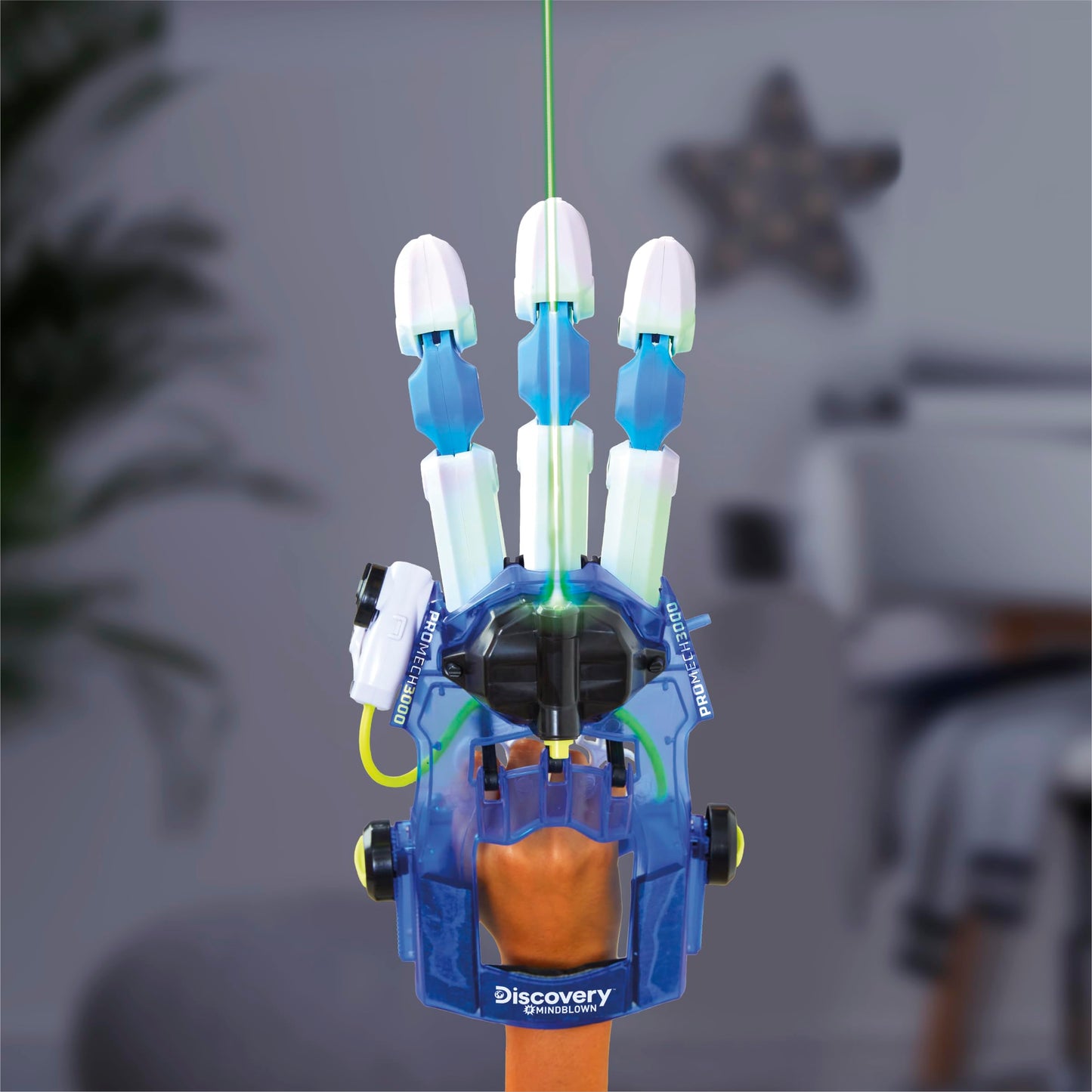 Discovery 87 piece wearable cyborg toy showcasing the adjustable wrist strap and targeting LED light feature.