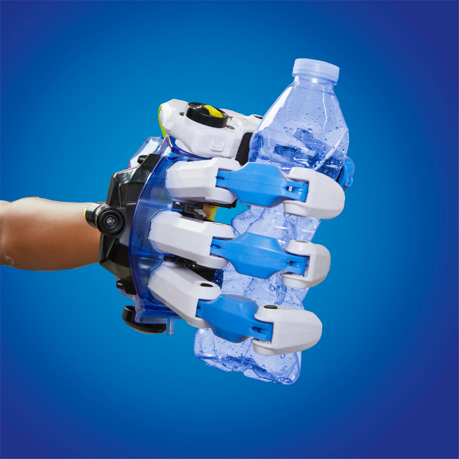 Close up view of the fluid mechanics system and pulley cables on the back of the Discovery bionic hand.