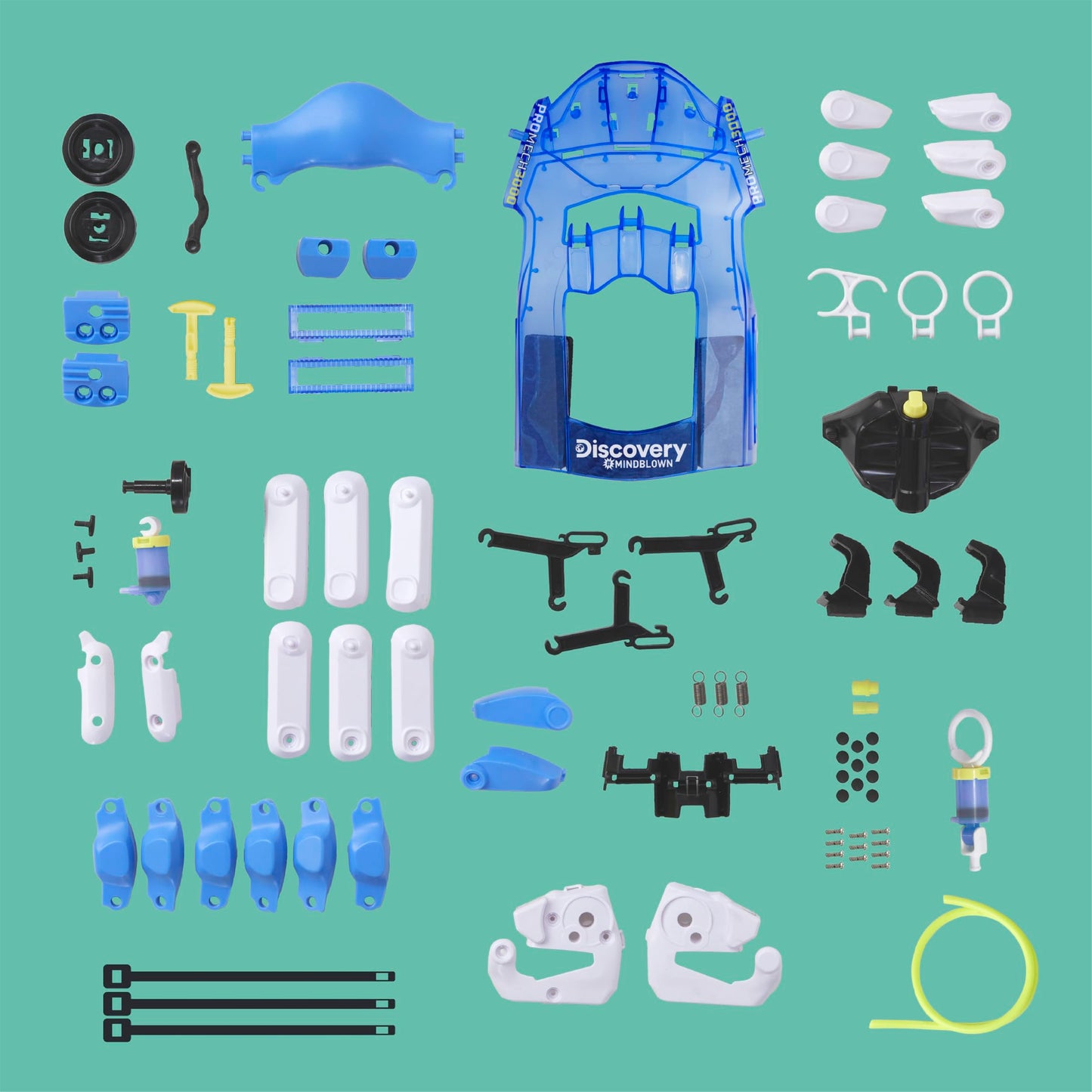 Detailed diagram view of the Discovery Mindblown engineering kit showing the hydraulic cylinder connections.
