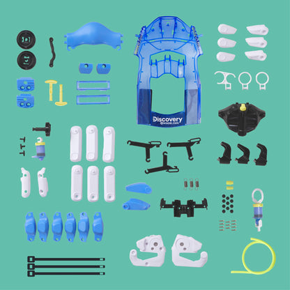 Detailed diagram view of the Discovery Mindblown engineering kit showing the hydraulic cylinder connections.