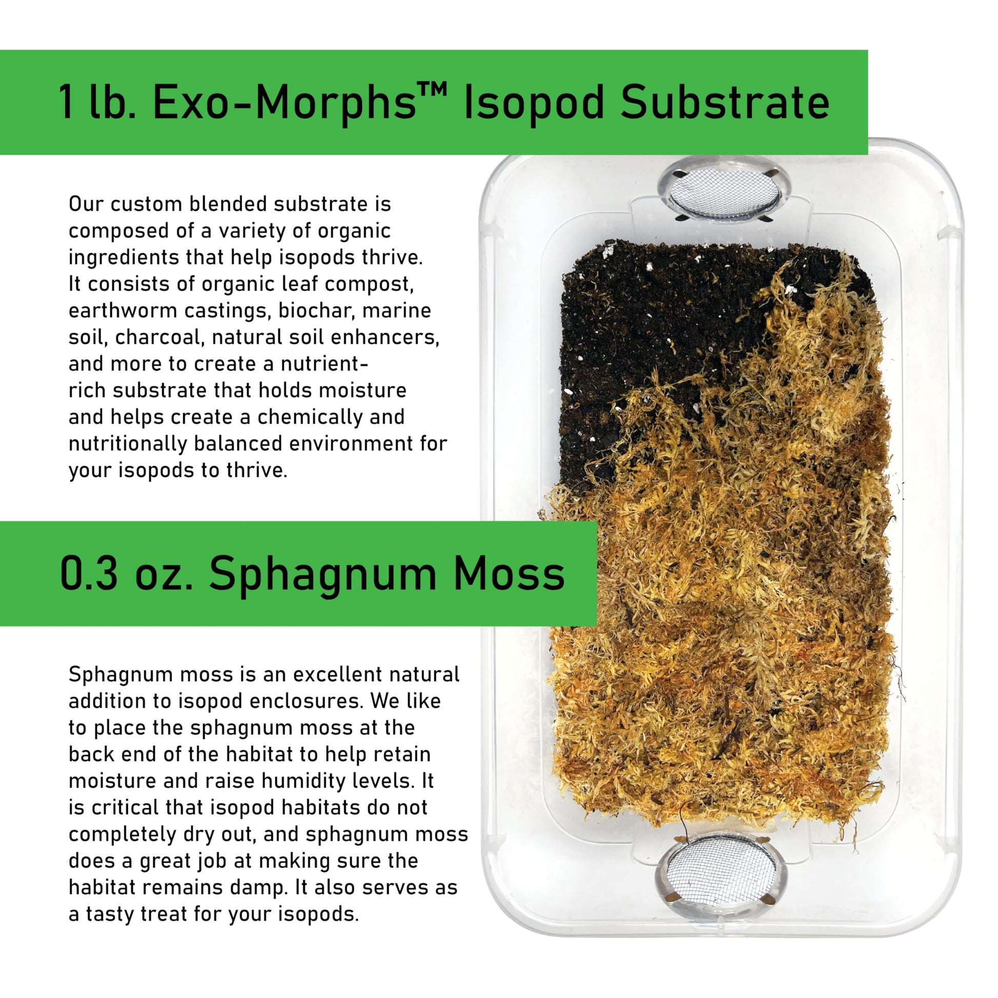 Exo-Morphs custom blended substrate soil with organic leaf litter and cork bark components unboxed.