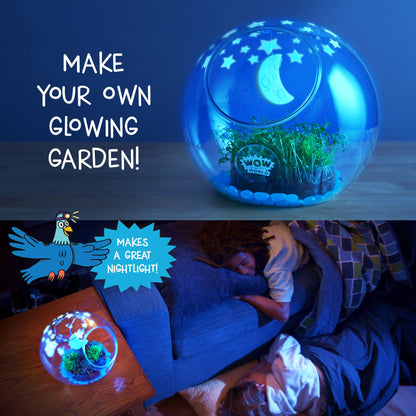 Thames and Kosmos DIY terrarium sphere lit up in the dark with UV LED string lights.