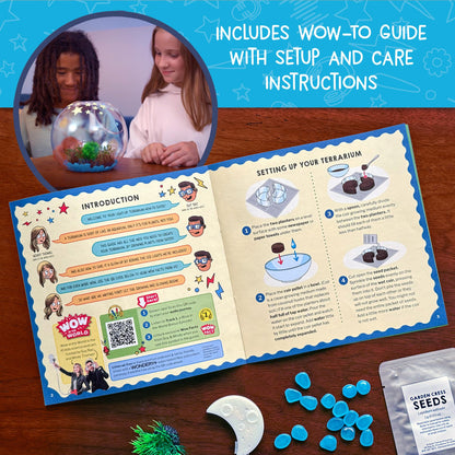 Close up view of the glow-in-the-dark star stickers and phosphorescent pebbles inside the plastic habitat.