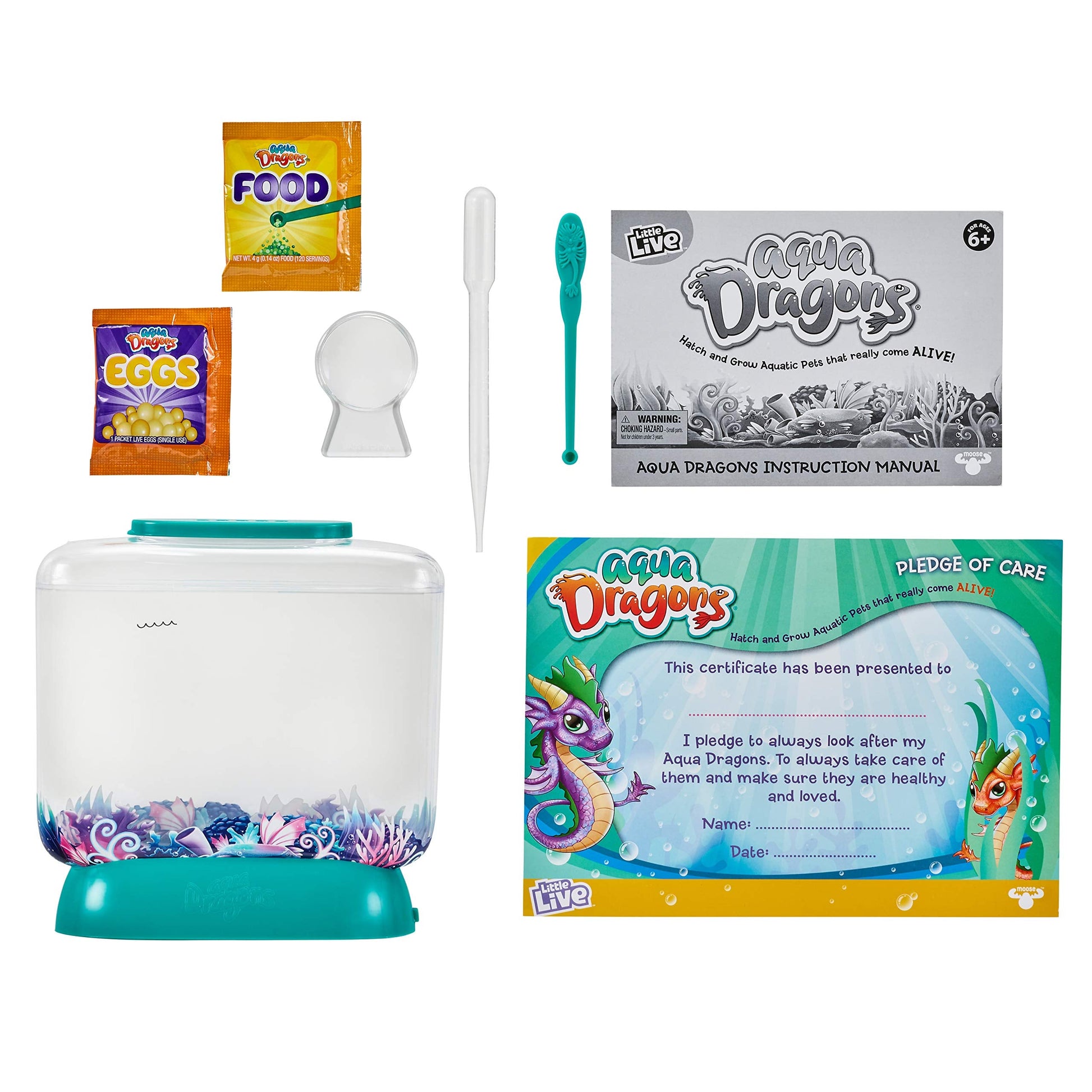 Little Live Aqua Dragons kit components including the egg packet food pouch and feeding spoon