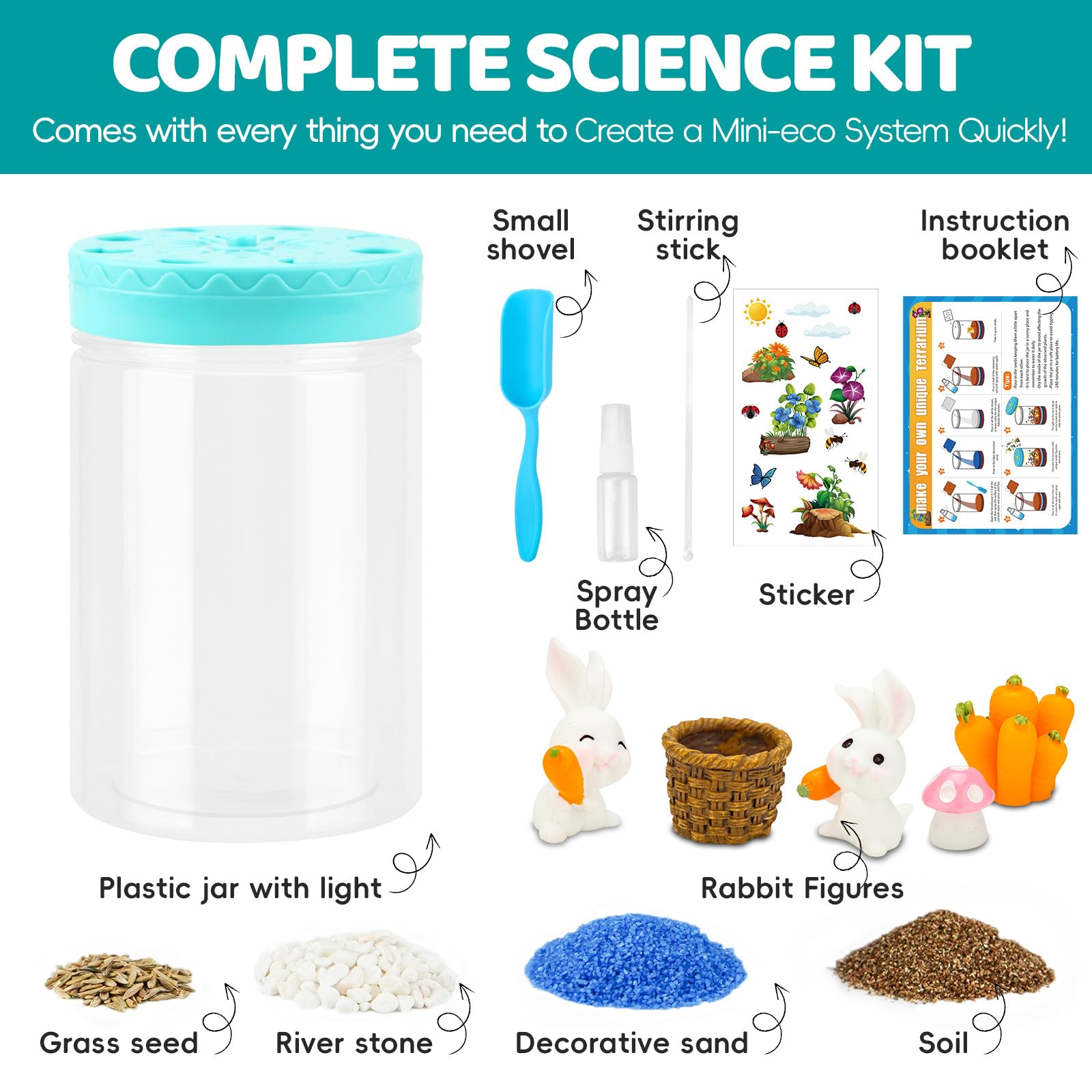 AluAbi rabbit gardening kit for kids with glowing LED light lid turned on in a dark room.