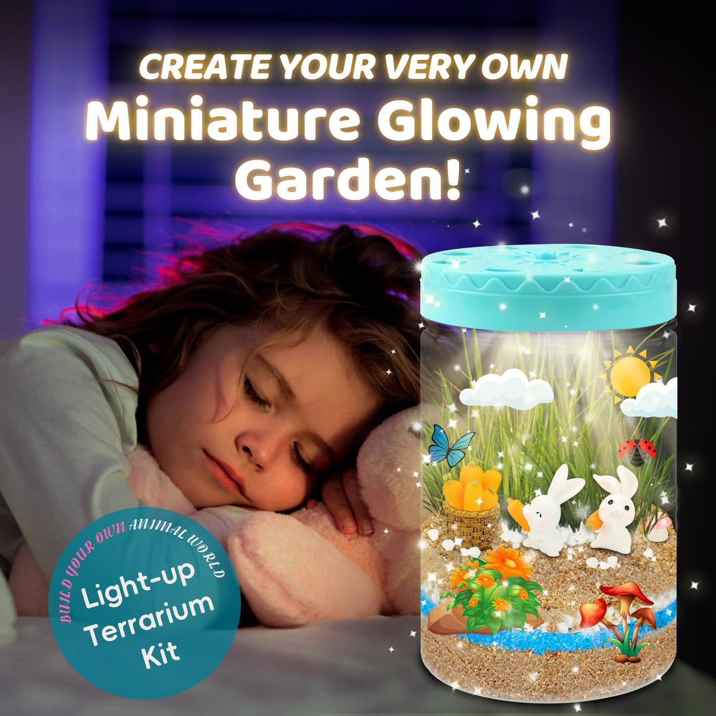 AluAbi DIY creative STEM science kit showing all included soil rocks seeds and bunny figurines.