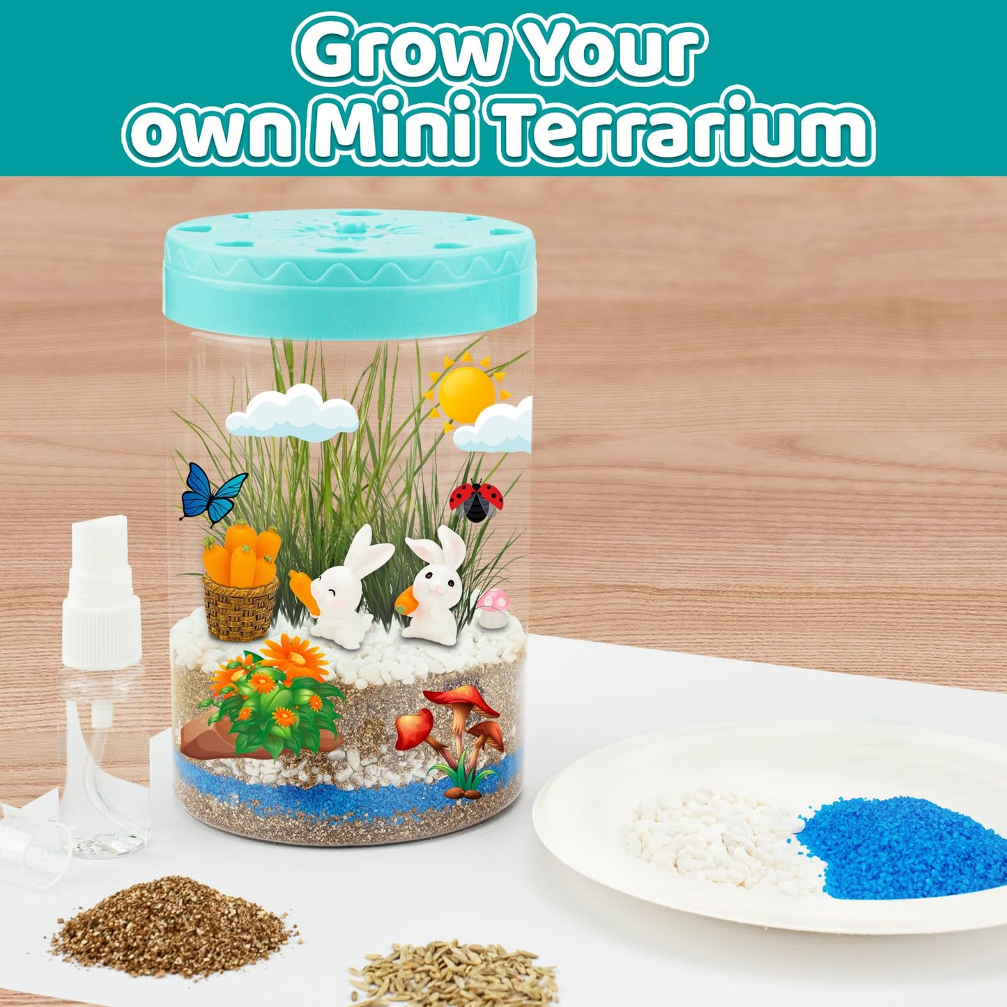AluAbi bunny terrarium kit showing the miniature shovel and spray bottle being used for setup.