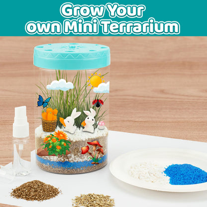 AluAbi bunny terrarium kit showing the miniature shovel and spray bottle being used for setup.
