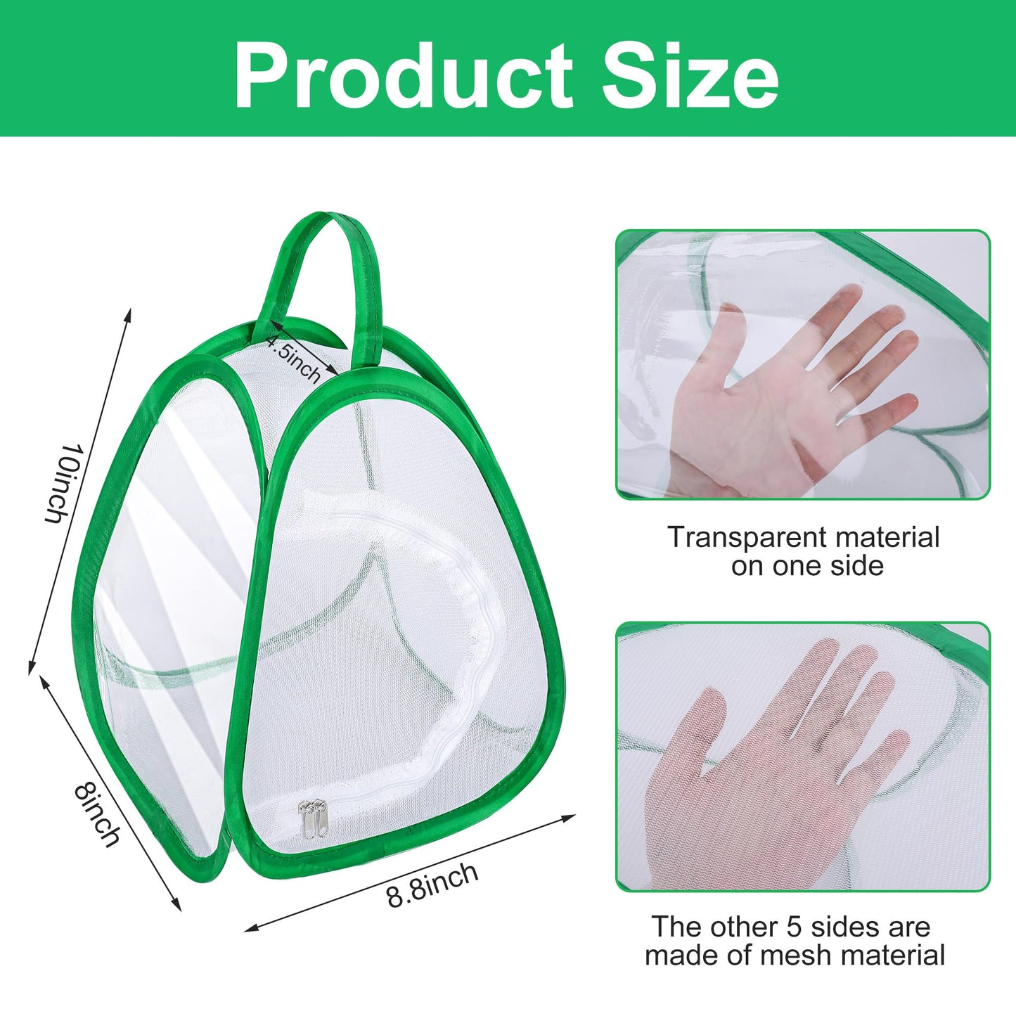 Two pack green collapsible insect mesh cages standing upright with carry handles.