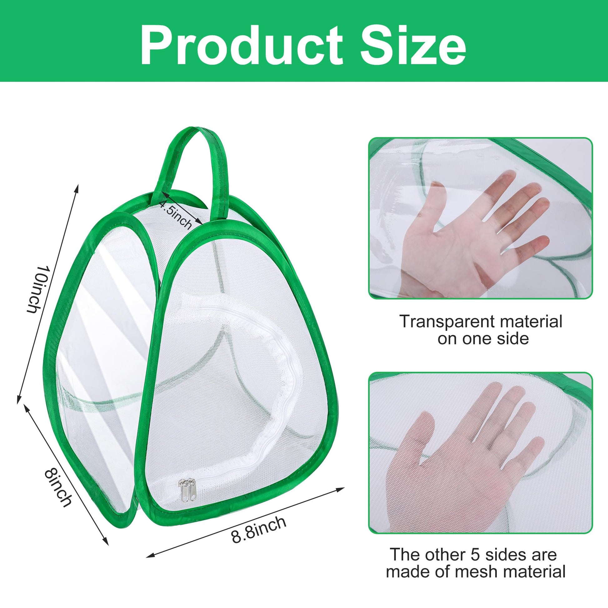 Two pack green collapsible insect mesh cages standing upright with carry handles.