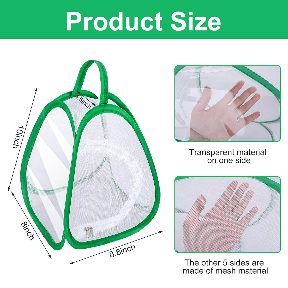Two pack green collapsible insect mesh cages standing upright with carry handles.