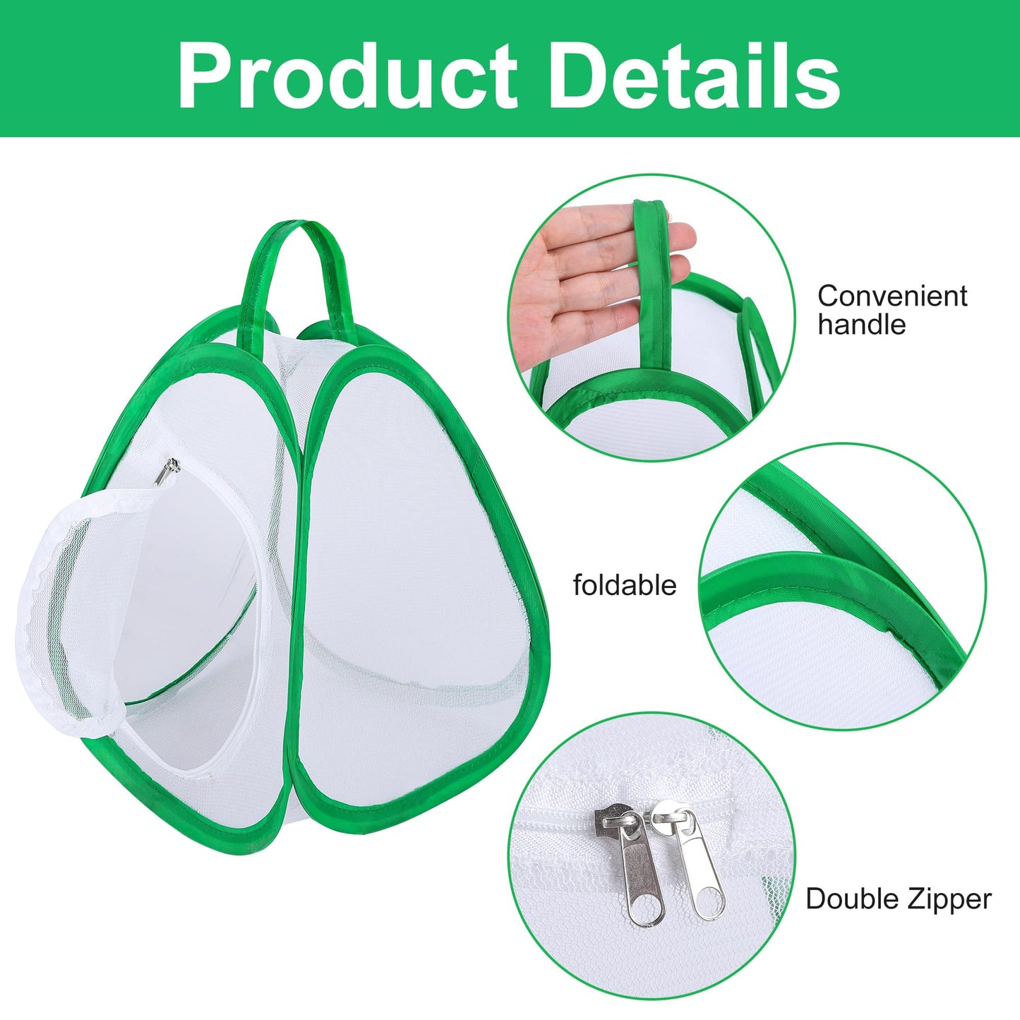 Side view of portable butterfly net habitat with large dual zipper opening.