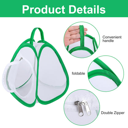 Side view of portable butterfly net habitat with large dual zipper opening.
