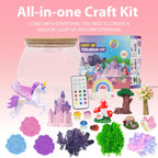 Lonfypeng unicorn DIY arts and crafts activity kit contents including sand moss and figurines scattered