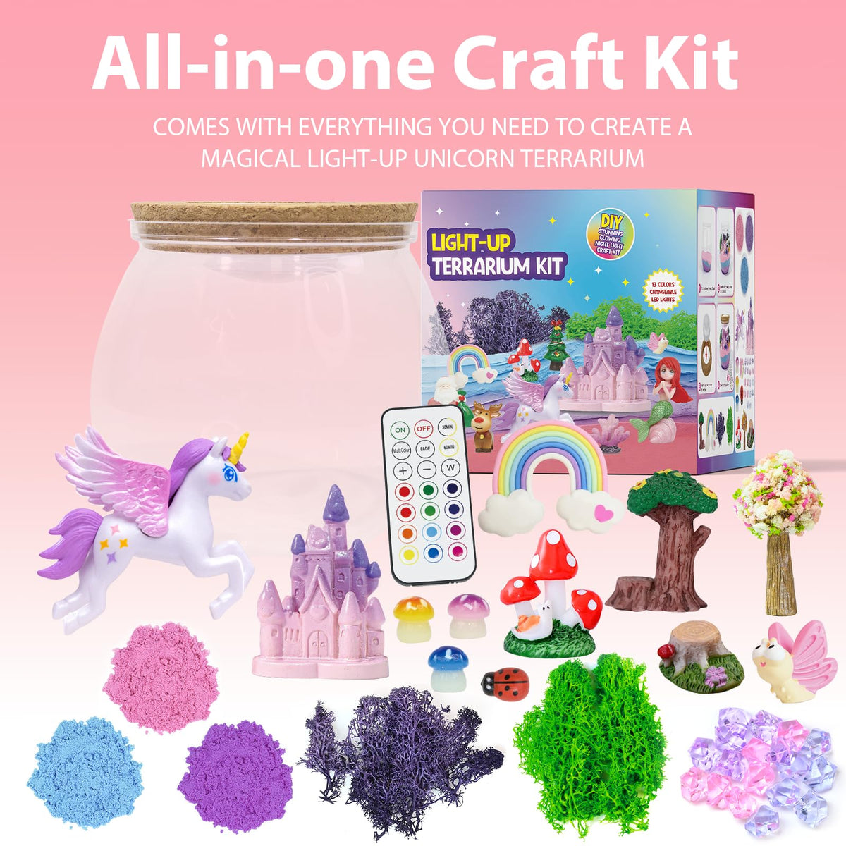 Lonfypeng unicorn DIY arts and crafts activity kit contents including sand moss and figurines scattered
