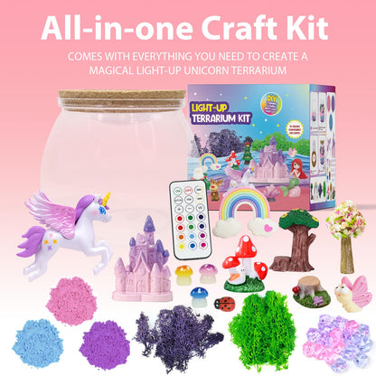 Lonfypeng unicorn DIY arts and crafts activity kit contents including sand moss and figurines scattered