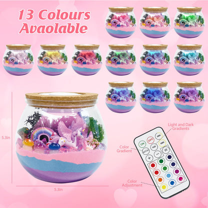 Child bedroom nightstand displaying the glowing pink and blue unicorn terrarium as room decor