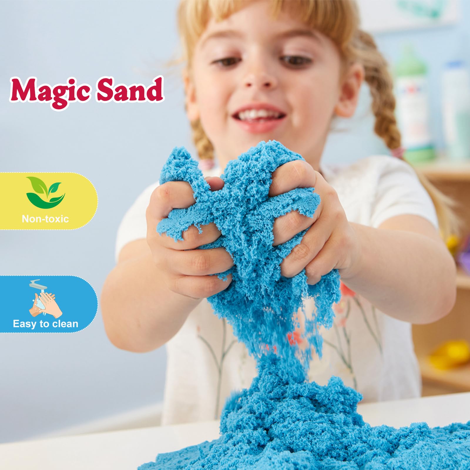 Child carefully placing miniature castle and trees into the fantasy landscape kit.
