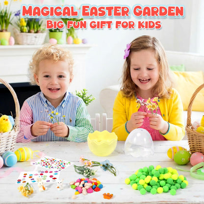 Children assembling the mini flower garden arts and crafts kit indoors
