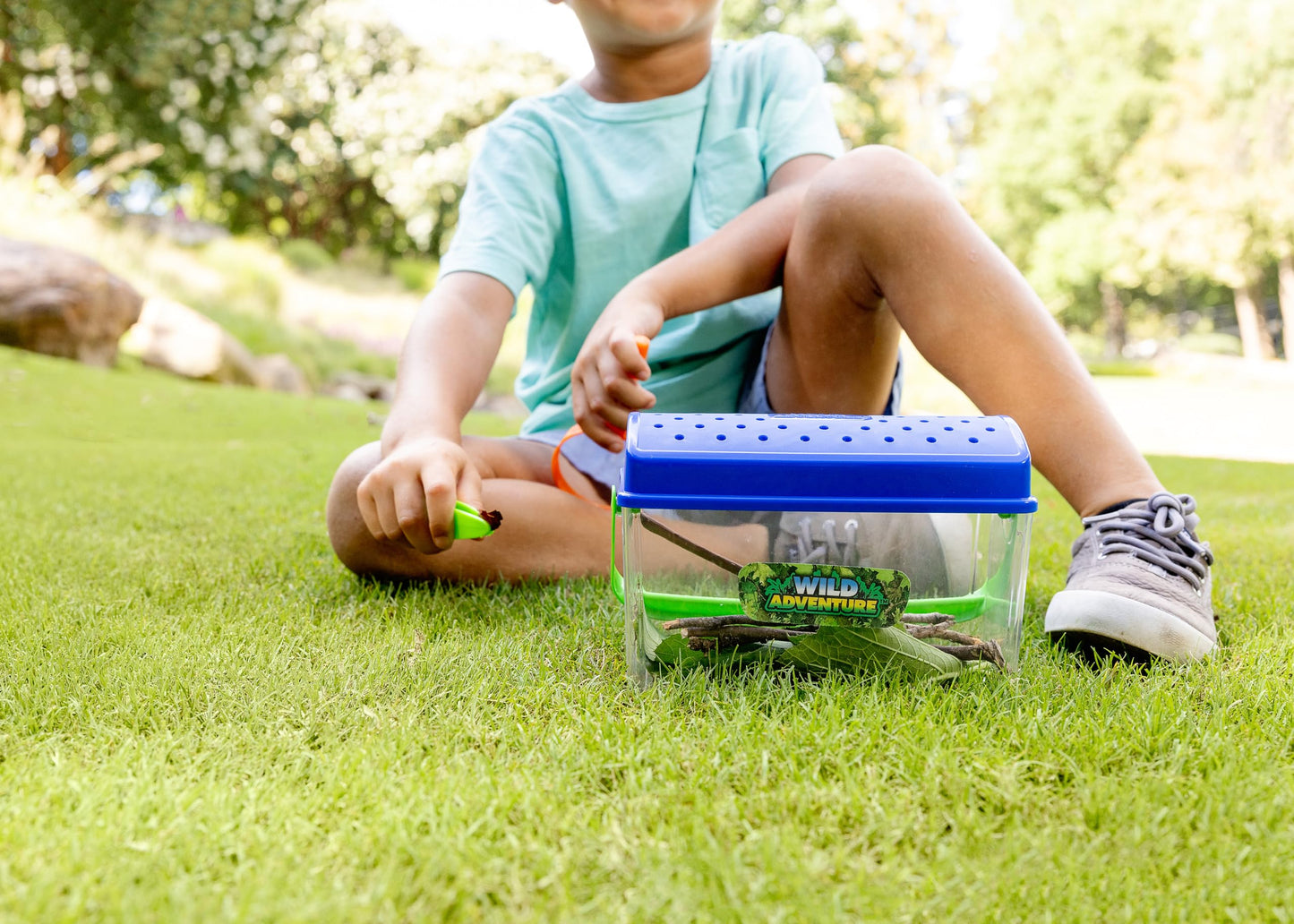 Complete Sunny Days Wild Adventure STEM explorer set package including habitat container tweezers and magnifying glass