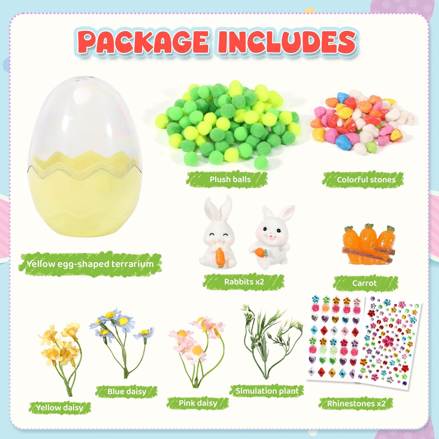 Close up view of the miniature rabbit figurines and carrot accessories