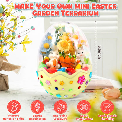 Completed Easter bunny miniature garden displayed on a clean white tabletop