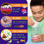All included components of the Faber-Castell science kit laid out including soil, seeds, stones, and stickers.