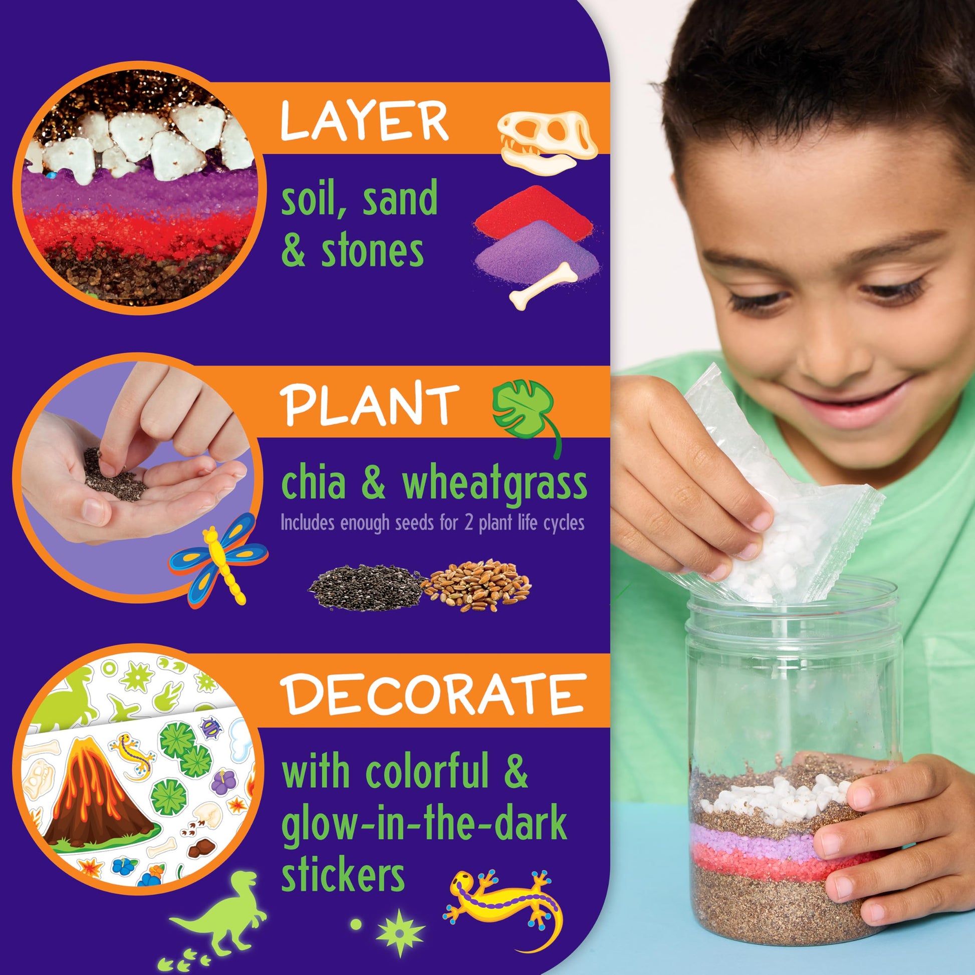 All included components of the Faber-Castell science kit laid out including soil, seeds, stones, and stickers.