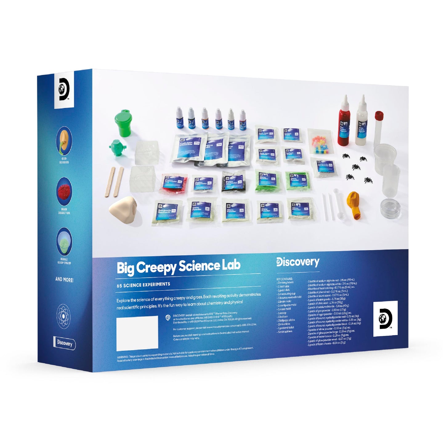 Inside contents of the Big Creepy Science Lab featuring molds, powders, and instruction manual.