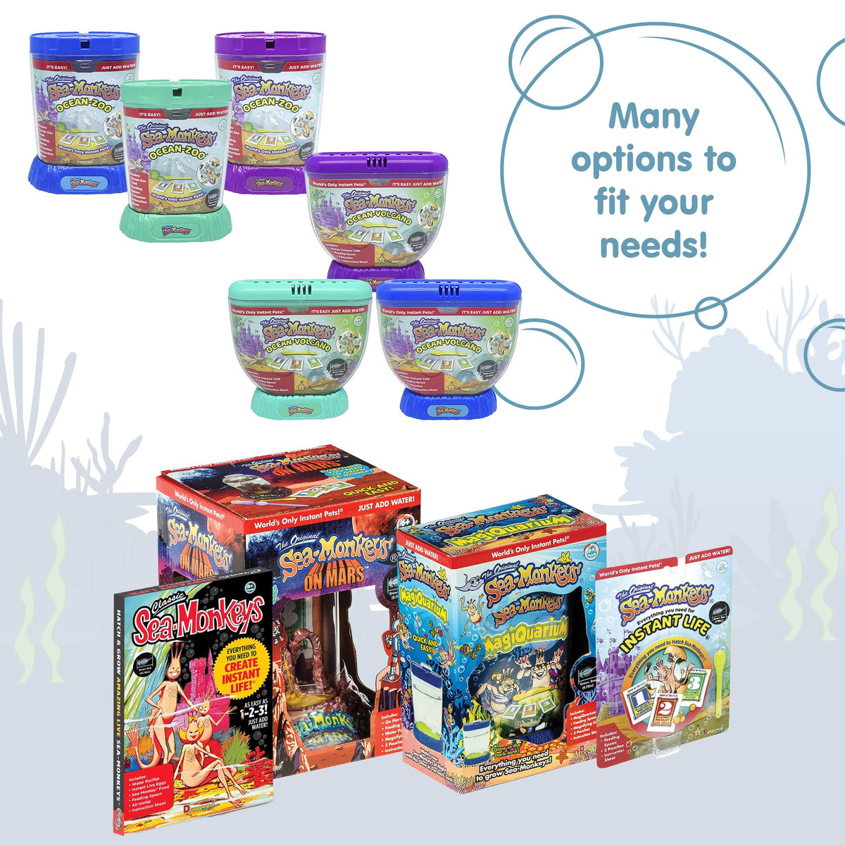 Authentic USA imported Sea-Monkeys kit container designed for growing aquatic companion pets