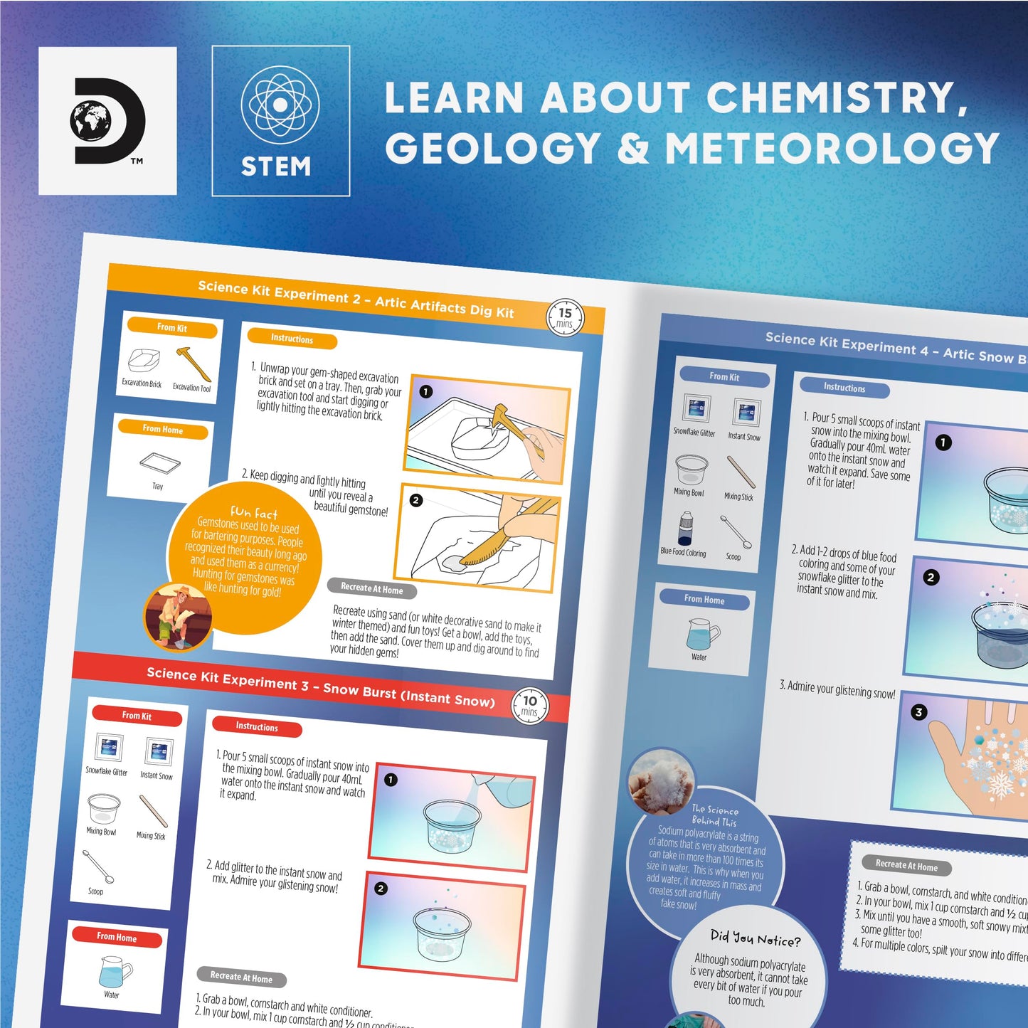 Discovery Frozen Earth Science Kit displaying included tools and crystal growing ingredients.