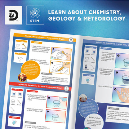 Discovery Frozen Earth Science Kit displaying included tools and crystal growing ingredients.