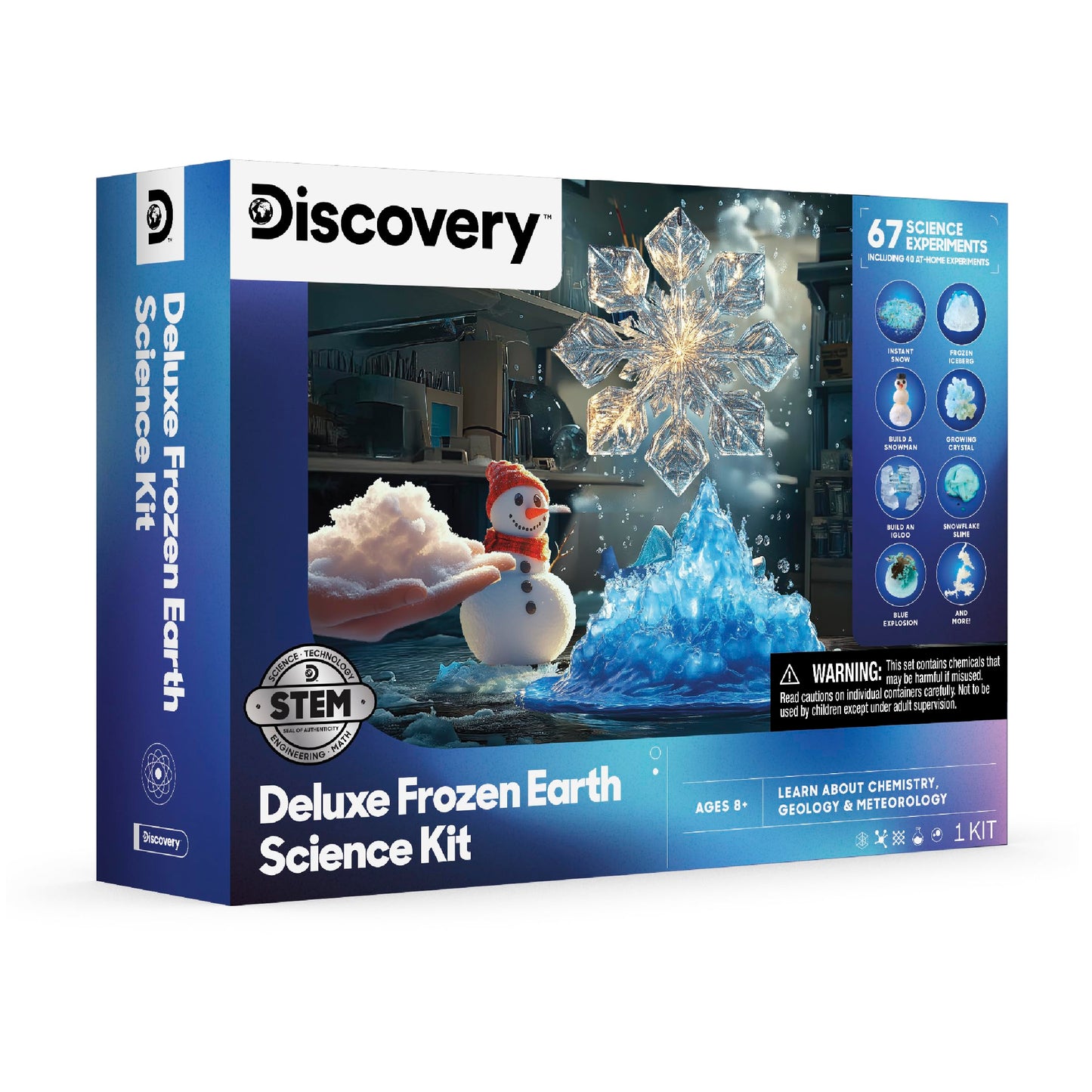 Discovery Kids frozen science toy packaging highlighting sixty-seven educational chemistry activities.