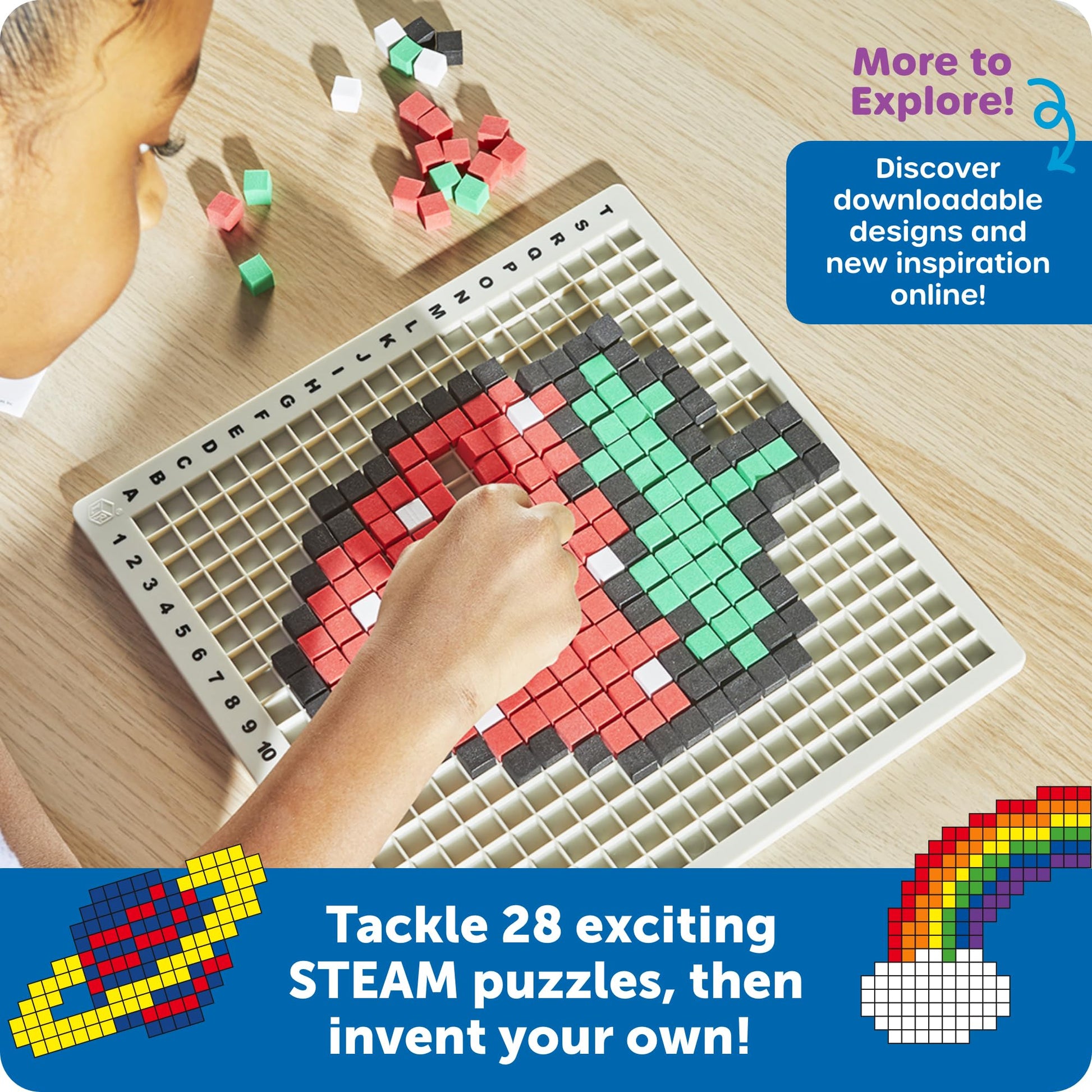 Close up of the nine different colored foam pixel cubes included in the STEM educational kit.