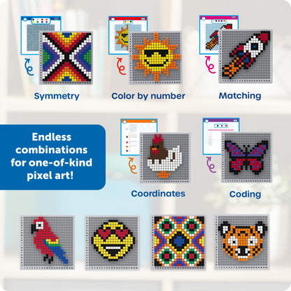 Learning Resources pixel art challenge guide displaying leveled STEAM activities for kids.